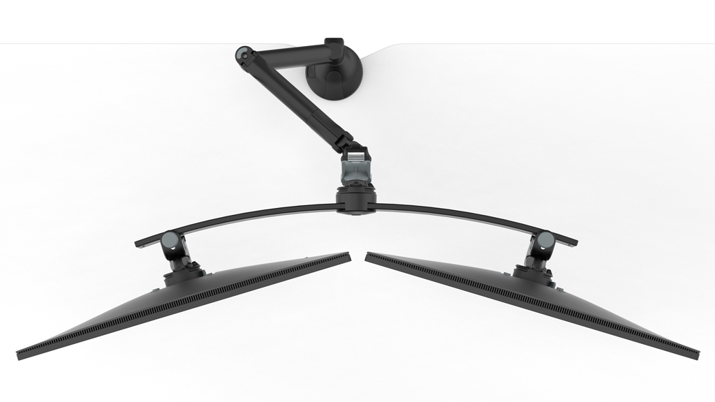 Levo monitor arm with twin rail for dual screens