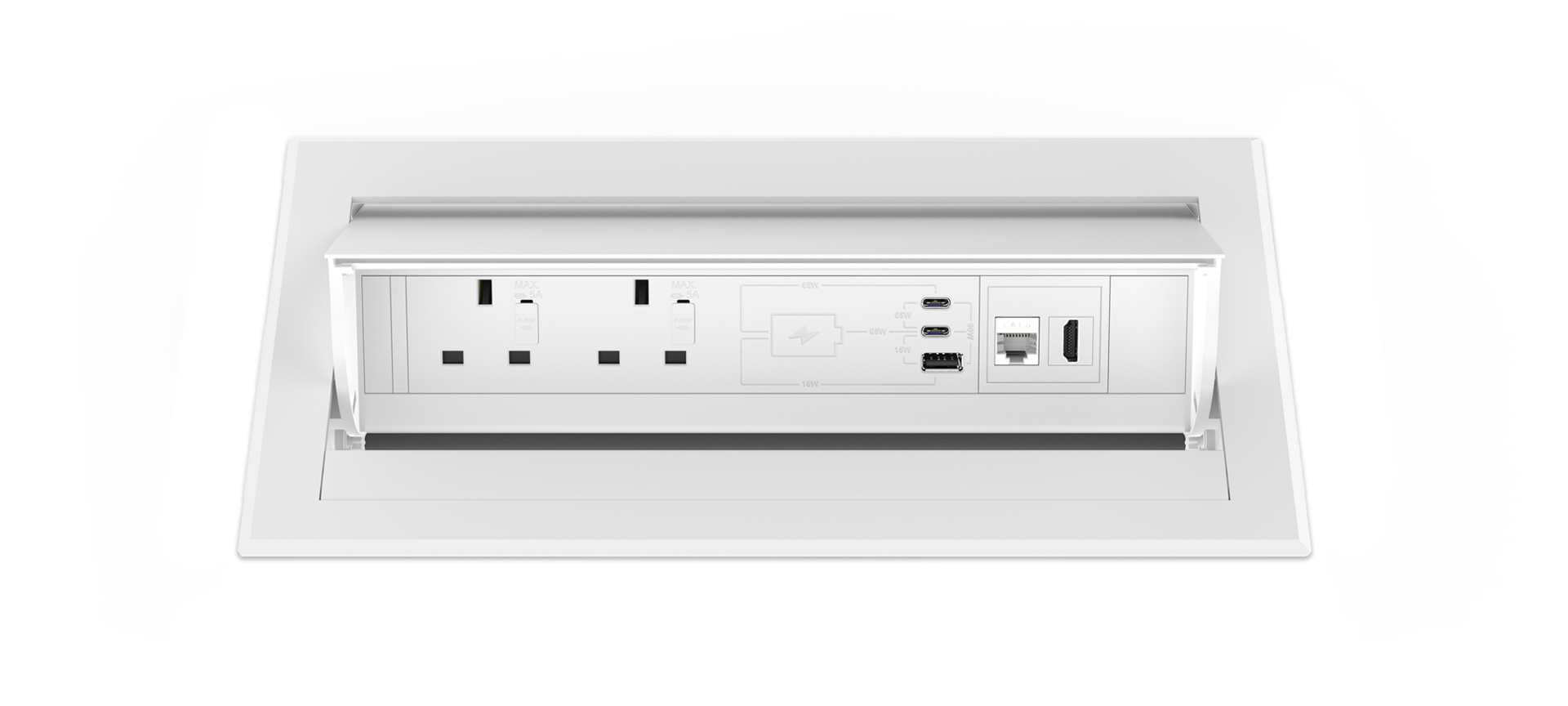 Click 65W in-surface power supply with USB-A + USB-C charge plus HDMI and RJ45 data transfer